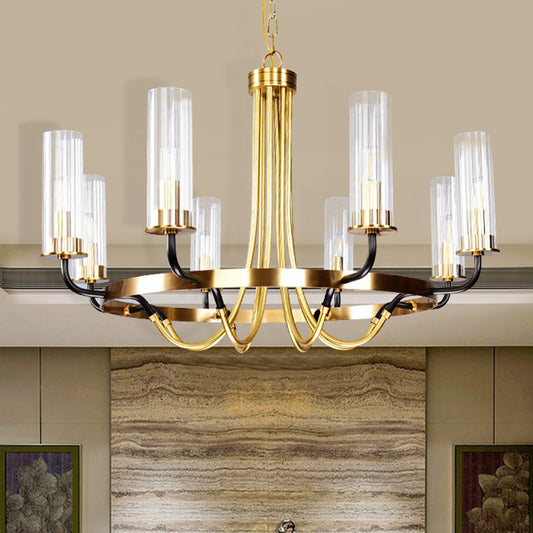 Tube Clear Glass Hanging Lighting Minimalist 8 Bulbs Gold Chandelier Pendant Lamp with Ring Design Clearhalo 'Ceiling Lights' 'Chandeliers' 'Glass shade' 'Glass' 'Modern Chandeliers' 'Modern' Lighting' 512328