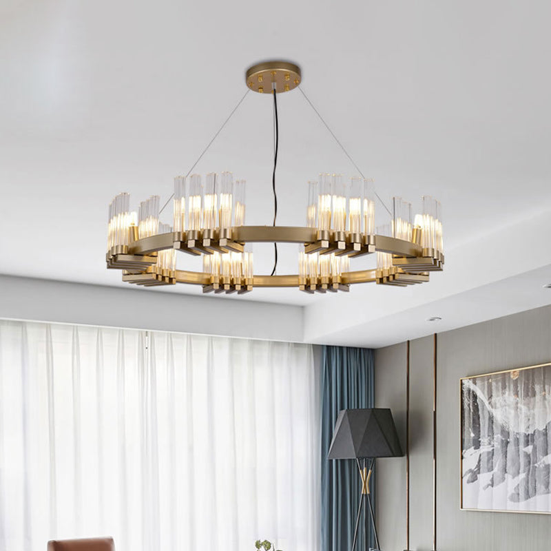 Metal Ring Pendant Light Modern 24 Lights Chandelier Lamp Fixture in Brass with Cylinder Clear Glass Shade Brass Clearhalo 'Ceiling Lights' 'Chandeliers' 'Glass shade' 'Glass' 'Modern Chandeliers' 'Modern' Lighting' 512332