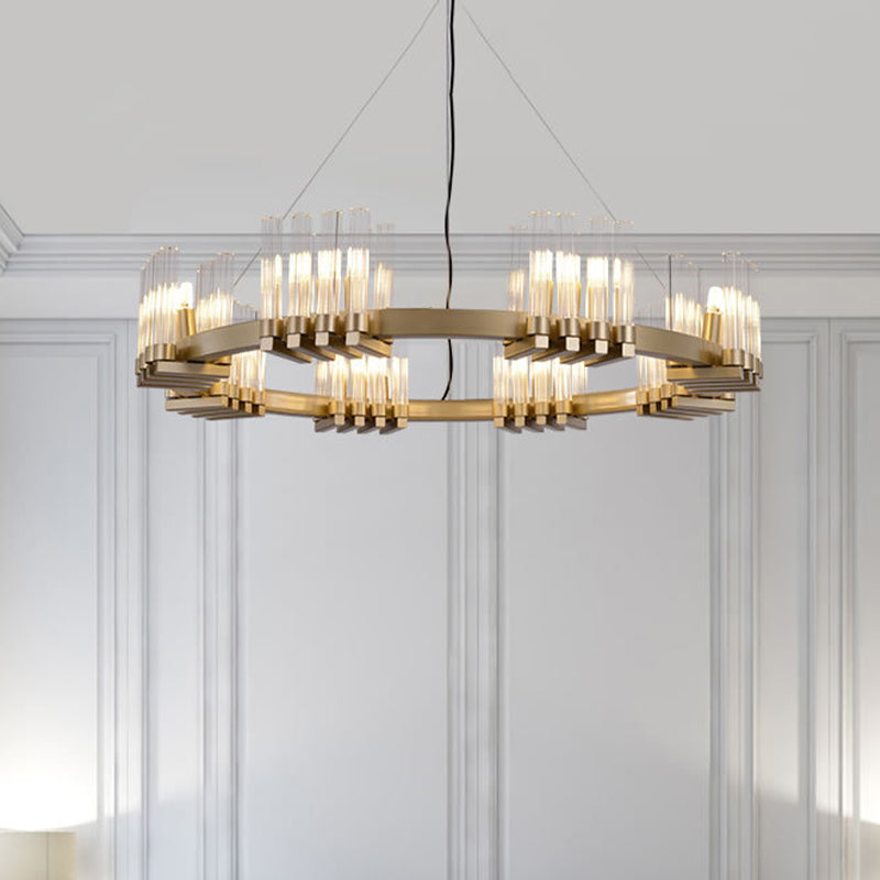 Metal Ring Pendant Light Modern 24 Lights Chandelier Lamp Fixture in Brass with Cylinder Clear Glass Shade Clearhalo 'Ceiling Lights' 'Chandeliers' 'Glass shade' 'Glass' 'Modern Chandeliers' 'Modern' Lighting' 512333