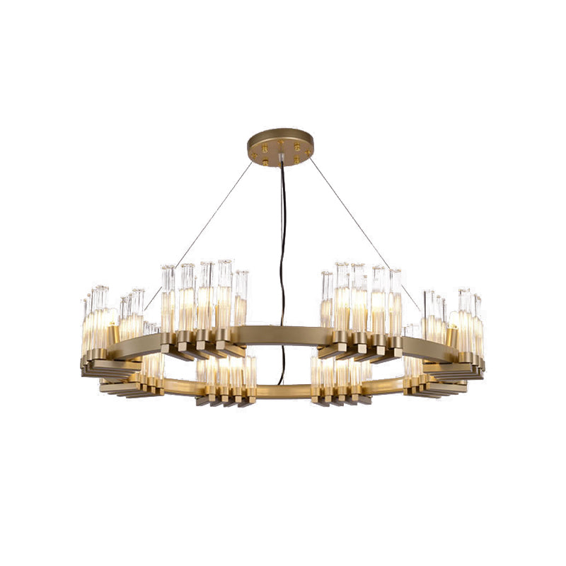 Metal Ring Pendant Light Modern 24 Lights Chandelier Lamp Fixture in Brass with Cylinder Clear Glass Shade Clearhalo 'Ceiling Lights' 'Chandeliers' 'Glass shade' 'Glass' 'Modern Chandeliers' 'Modern' Lighting' 512334