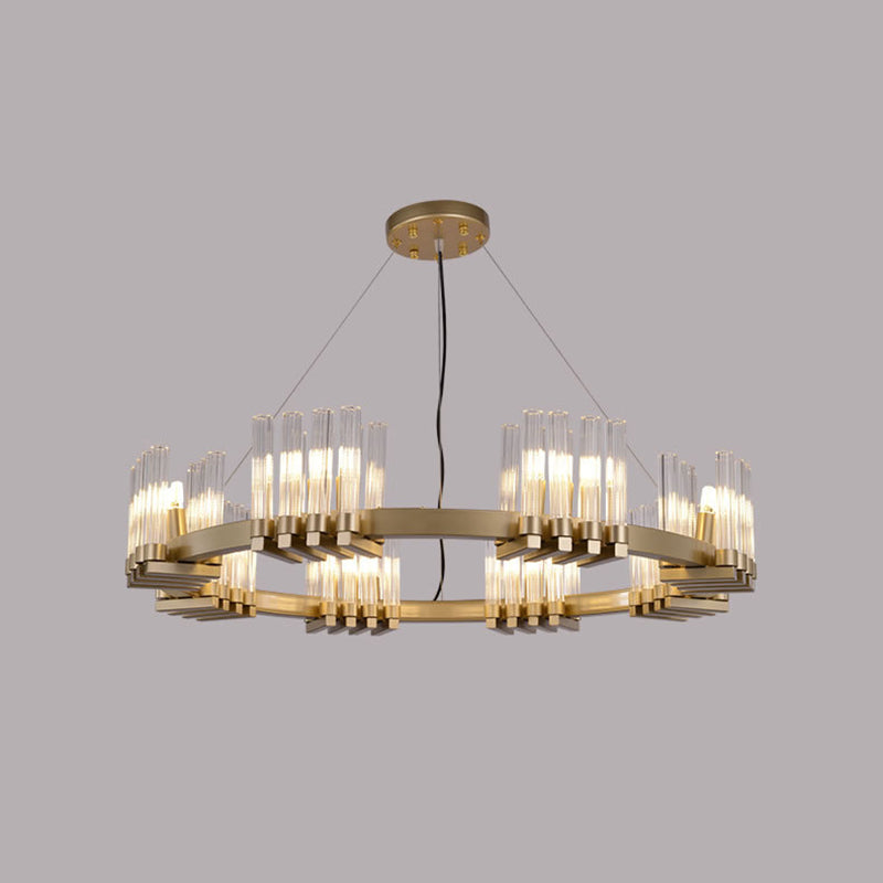 Metal Ring Pendant Light Modern 24 Lights Chandelier Lamp Fixture in Brass with Cylinder Clear Glass Shade Clearhalo 'Ceiling Lights' 'Chandeliers' 'Glass shade' 'Glass' 'Modern Chandeliers' 'Modern' Lighting' 512335