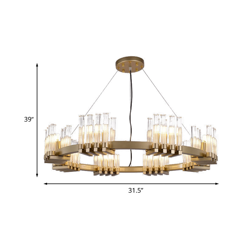 Metal Ring Pendant Light Modern 24 Lights Chandelier Lamp Fixture in Brass with Cylinder Clear Glass Shade Clearhalo 'Ceiling Lights' 'Chandeliers' 'Glass shade' 'Glass' 'Modern Chandeliers' 'Modern' Lighting' 512336