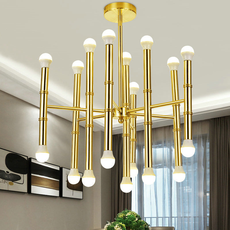 Modern Slim Tube Chandelier Metallic 18 Bulbs Living Room Radial Ceiling Pendant Light in Gold Clearhalo 'Ceiling Lights' 'Chandeliers' 'Modern Chandeliers' 'Modern' Lighting' 512436