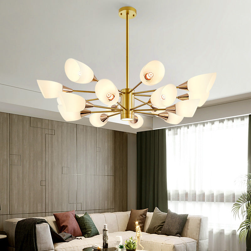 Post Modern 16-Bulb Chandelier with White Frosted Glass Shade Gold Floral Hanging Ceiling Lamp Gold Clearhalo 'Ceiling Lights' 'Chandeliers' 'Glass shade' 'Glass' 'Modern Chandeliers' 'Modern' Lighting' 512514