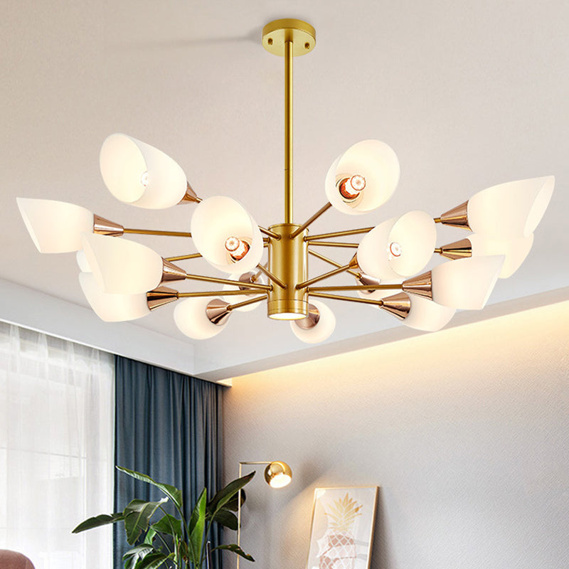 Post Modern 16-Bulb Chandelier with White Frosted Glass Shade Gold Floral Hanging Ceiling Lamp Clearhalo 'Ceiling Lights' 'Chandeliers' 'Glass shade' 'Glass' 'Modern Chandeliers' 'Modern' Lighting' 512515