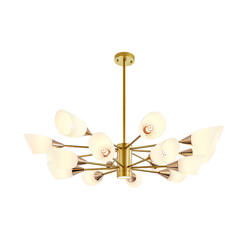 Post Modern 16-Bulb Chandelier with White Frosted Glass Shade Gold Floral Hanging Ceiling Lamp Clearhalo 'Ceiling Lights' 'Chandeliers' 'Glass shade' 'Glass' 'Modern Chandeliers' 'Modern' Lighting' 512516