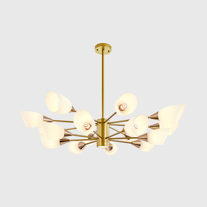 Post Modern 16-Bulb Chandelier with White Frosted Glass Shade Gold Floral Hanging Ceiling Lamp Clearhalo 'Ceiling Lights' 'Chandeliers' 'Glass shade' 'Glass' 'Modern Chandeliers' 'Modern' Lighting' 512517