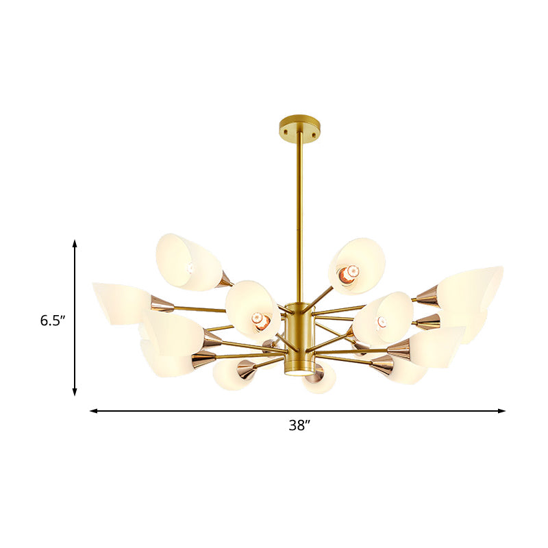 Post Modern 16-Bulb Chandelier with White Frosted Glass Shade Gold Floral Hanging Ceiling Lamp Clearhalo 'Ceiling Lights' 'Chandeliers' 'Glass shade' 'Glass' 'Modern Chandeliers' 'Modern' Lighting' 512518