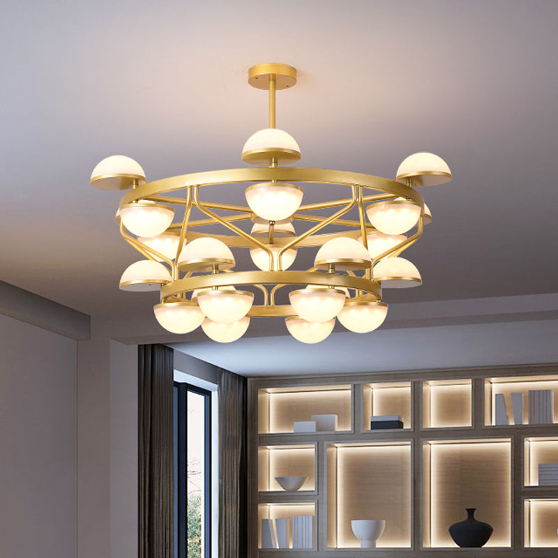 Semicircle Living Room Hanging Chandelier Cream Glass 24-Bulb Modernist Ceiling Pendant Light in Gold Gold Clearhalo 'Ceiling Lights' 'Chandeliers' 'Glass shade' 'Glass' 'Modern Chandeliers' 'Modern' Lighting' 512591