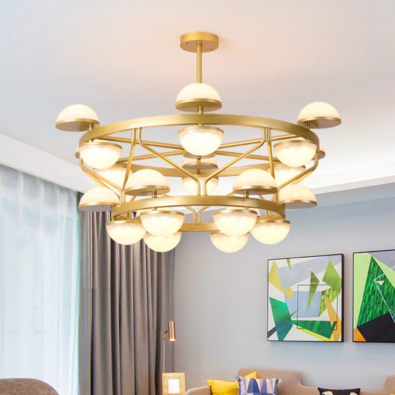 Semicircle Living Room Hanging Chandelier Cream Glass 24-Bulb Modernist Ceiling Pendant Light in Gold Clearhalo 'Ceiling Lights' 'Chandeliers' 'Glass shade' 'Glass' 'Modern Chandeliers' 'Modern' Lighting' 512592