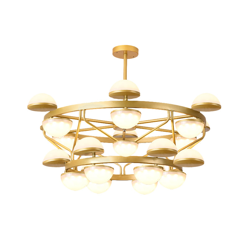 Semicircle Living Room Hanging Chandelier Cream Glass 24-Bulb Modernist Ceiling Pendant Light in Gold Clearhalo 'Ceiling Lights' 'Chandeliers' 'Glass shade' 'Glass' 'Modern Chandeliers' 'Modern' Lighting' 512593