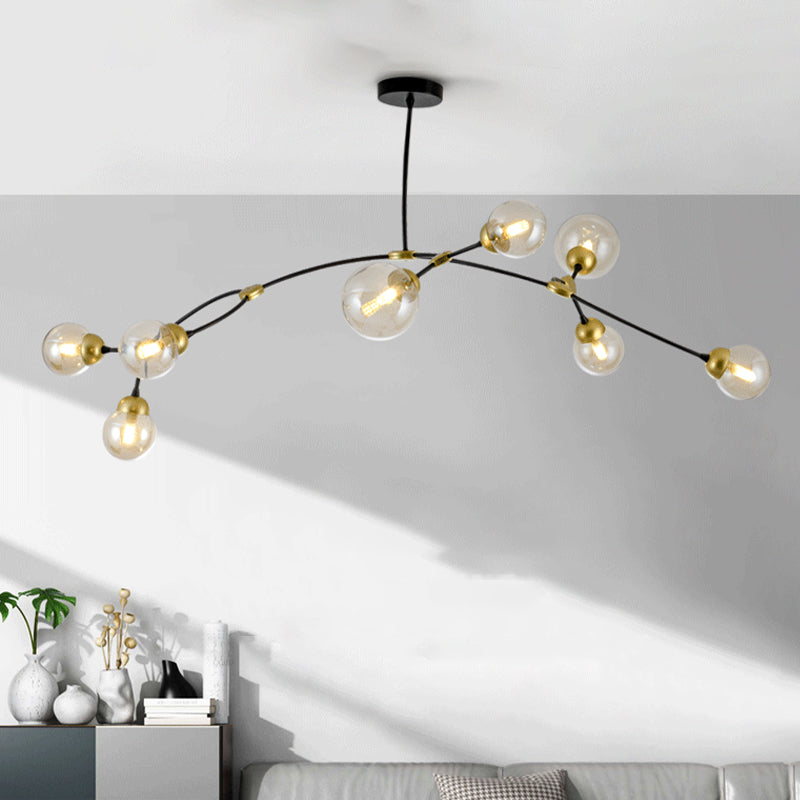 Globe Ceiling Chandelier Modernist Amber Glass 8-Head Black Linear Pendant Lamp for Living Room Clearhalo 'Ceiling Lights' 'Chandeliers' 'Close To Ceiling Lights' 'Glass shade' 'Glass' 'Modern Chandeliers' 'Modern' Lighting' 512654