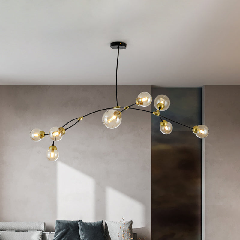 Globe Ceiling Chandelier Modernist Amber Glass 8-Head Black Linear Pendant Lamp for Living Room Clearhalo 'Ceiling Lights' 'Chandeliers' 'Close To Ceiling Lights' 'Glass shade' 'Glass' 'Modern Chandeliers' 'Modern' Lighting' 512655