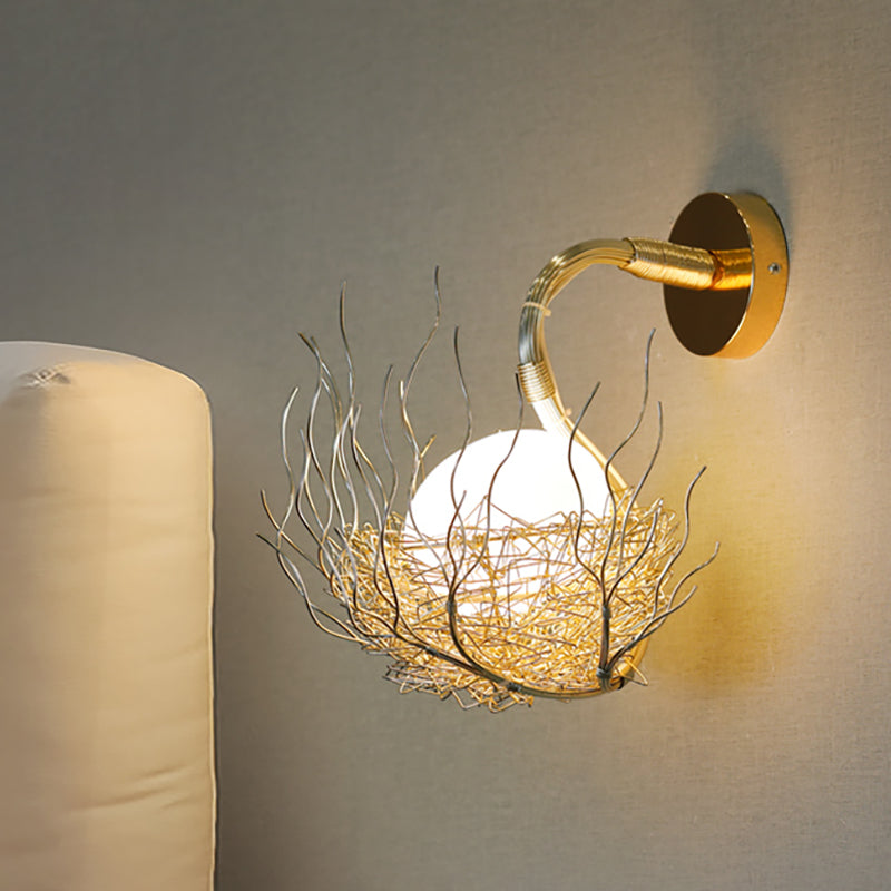 Globe Glass Wall Light Fixture with Gold Nest Design Postmodern 1 Light Sconce Light, 8.5"/10" Wide Gold Clearhalo 'Cast Iron' 'Glass' 'Industrial' 'Modern wall lights' 'Modern' 'Tiffany' 'Traditional wall lights' 'Wall Lamps & Sconces' 'Wall Lights' Lighting' 512658