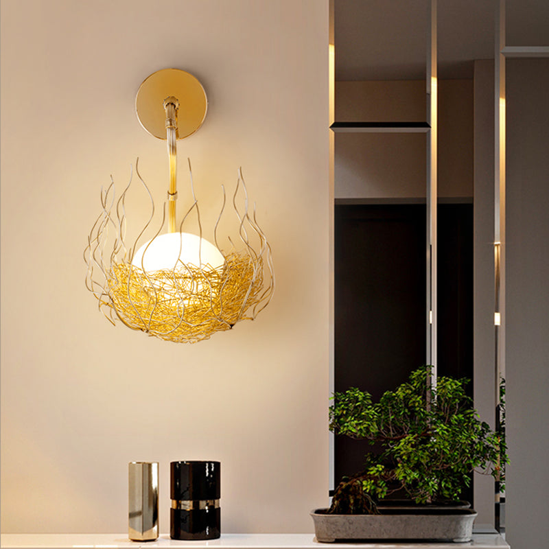 Globe Glass Wall Light Fixture with Gold Nest Design Postmodern 1 Light Sconce Light, 8.5"/10" Wide Clearhalo 'Cast Iron' 'Glass' 'Industrial' 'Modern wall lights' 'Modern' 'Tiffany' 'Traditional wall lights' 'Wall Lamps & Sconces' 'Wall Lights' Lighting' 512659