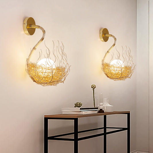 Globe Glass Wall Light Fixture with Gold Nest Design Postmodern 1 Light Sconce Light, 8.5"/10" Wide Clearhalo 'Cast Iron' 'Glass' 'Industrial' 'Modern wall lights' 'Modern' 'Tiffany' 'Traditional wall lights' 'Wall Lamps & Sconces' 'Wall Lights' Lighting' 512660