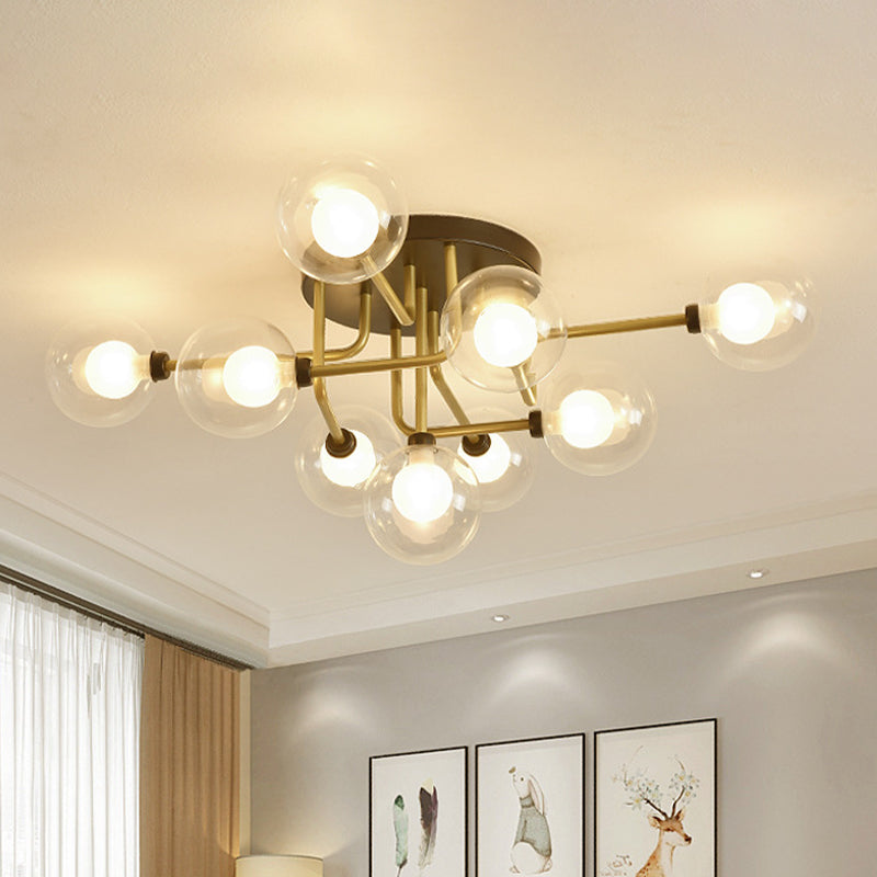 Clear Glass Sphere Semi Flush Lighting Modernism 9 Bulbs LED Ceiling Flush Mount in Gold Clearhalo 'Ceiling Lights' 'Close To Ceiling Lights' 'Close to ceiling' 'Glass shade' 'Glass' 'Pendant Lights' 'Semi-flushmount' Lighting' 512680