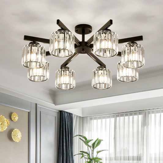 8 Heads Living Room Semi Flush Mount Minimalist Black Close to Ceiling Light with Cylinder Crystal Shade Black Clearhalo 'Ceiling Lights' 'Close To Ceiling Lights' 'Close to ceiling' 'Glass shade' 'Glass' 'Pendant Lights' 'Semi-flushmount' Lighting' 512692