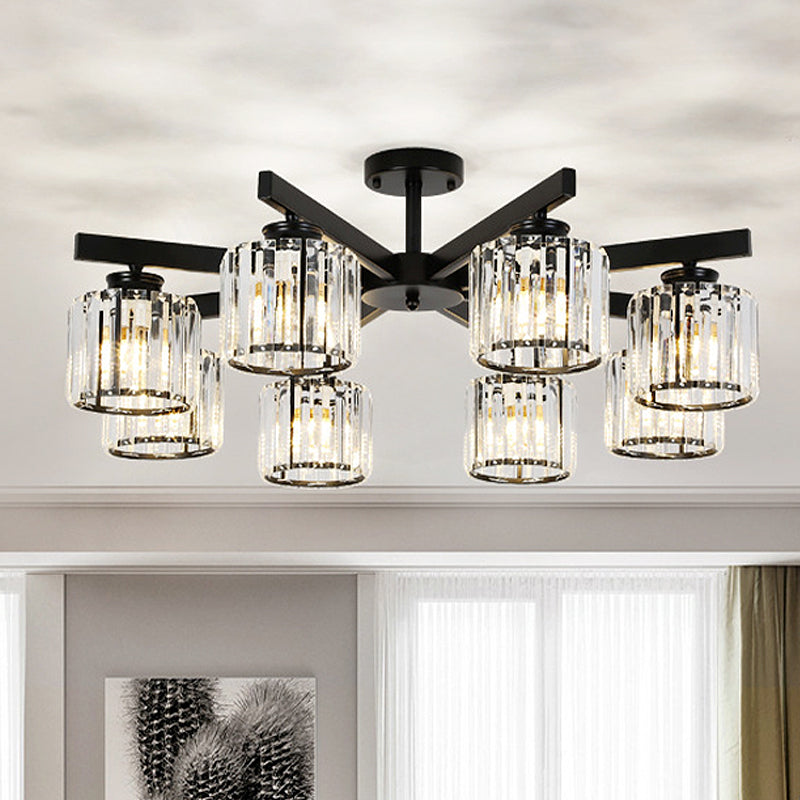 8 Heads Living Room Semi Flush Mount Minimalist Black Close to Ceiling Light with Cylinder Crystal Shade Clearhalo 'Ceiling Lights' 'Close To Ceiling Lights' 'Close to ceiling' 'Glass shade' 'Glass' 'Pendant Lights' 'Semi-flushmount' Lighting' 512693