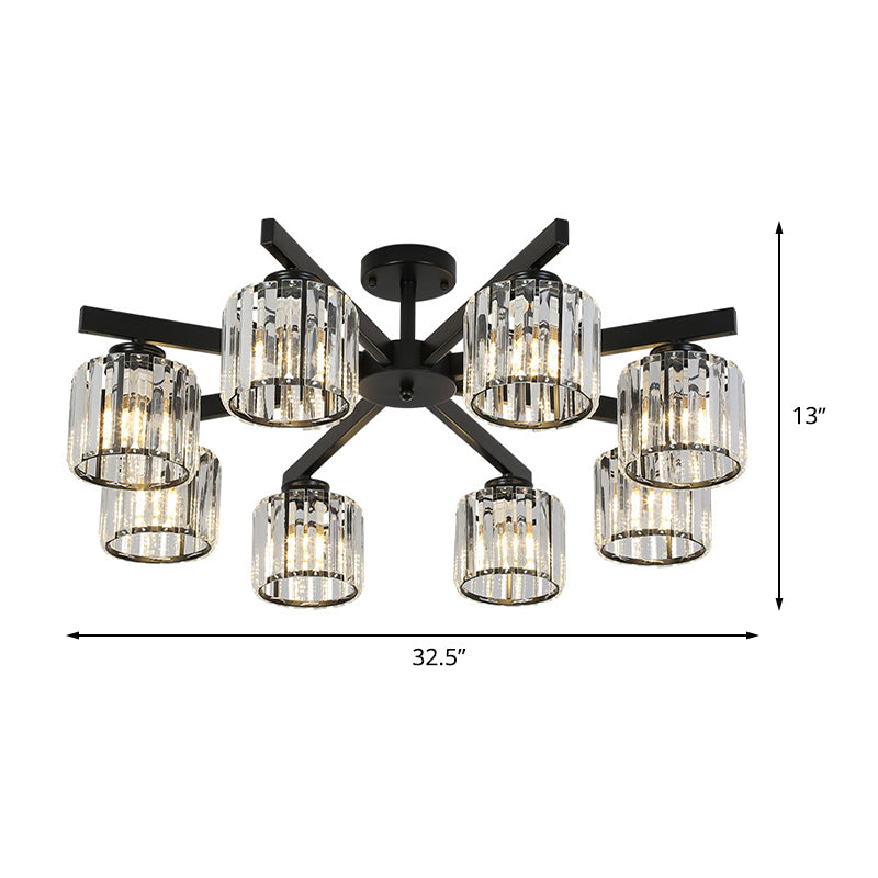 8 Heads Living Room Semi Flush Mount Minimalist Black Close to Ceiling Light with Cylinder Crystal Shade Clearhalo 'Ceiling Lights' 'Close To Ceiling Lights' 'Close to ceiling' 'Glass shade' 'Glass' 'Pendant Lights' 'Semi-flushmount' Lighting' 512696