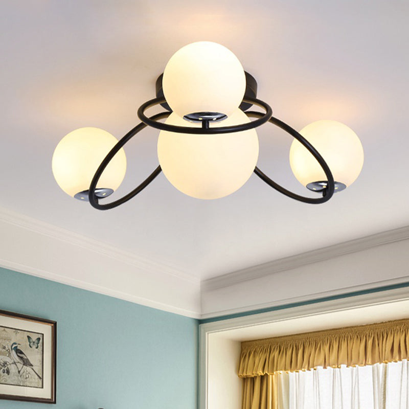 4-Bulb Bedroom Flush Lighting Modernism White/Black Ceiling Flush Mount with Round Milk Glass Shade Black Clearhalo 'Ceiling Lights' 'Close To Ceiling Lights' 'Close to ceiling' 'Flush mount' Lighting' 512745