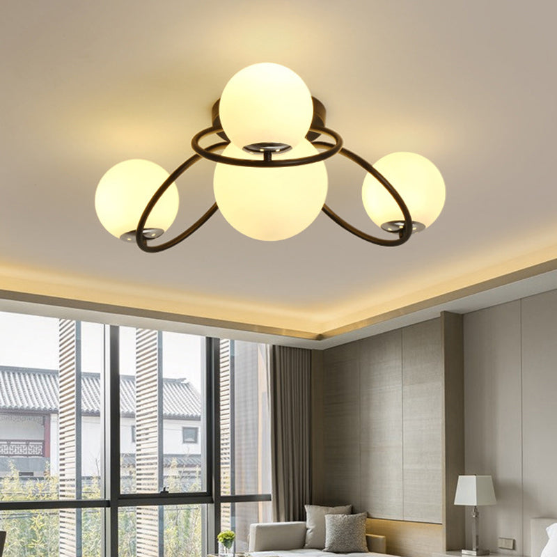 4-Bulb Bedroom Flush Lighting Modernism White/Black Ceiling Flush Mount with Round Milk Glass Shade Clearhalo 'Ceiling Lights' 'Close To Ceiling Lights' 'Close to ceiling' 'Flush mount' Lighting' 512746