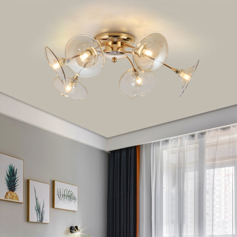 Gold Flared Semi Flush Light Fixture Post Modern 6-Bulb Green/Clear Glass Flush Mounted Lamp for Living Room Clear Clearhalo 'Ceiling Lights' 'Close To Ceiling Lights' 'Close to ceiling' 'Flush mount' Lighting' 512770