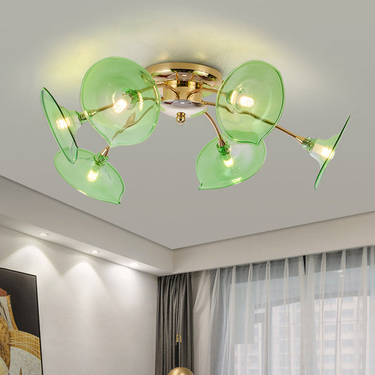 Gold Flared Semi Flush Light Fixture Post Modern 6-Bulb Green/Clear Glass Flush Mounted Lamp for Living Room Green Clearhalo 'Ceiling Lights' 'Close To Ceiling Lights' 'Close to ceiling' 'Flush mount' Lighting' 512775