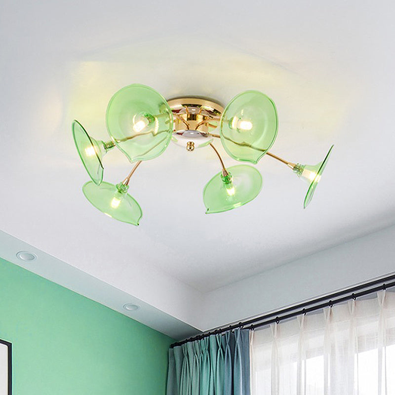 Gold Flared Semi Flush Light Fixture Post Modern 6-Bulb Green/Clear Glass Flush Mounted Lamp for Living Room Clearhalo 'Ceiling Lights' 'Close To Ceiling Lights' 'Close to ceiling' 'Flush mount' Lighting' 512776