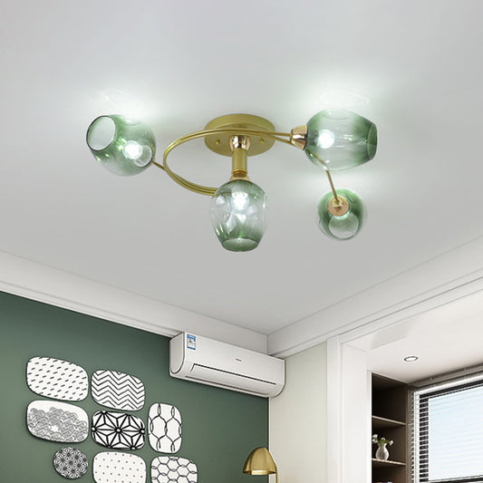 Spiral Semi Flush Mount Light Modern Iron 4 Heads Gold Close to Ceiling Lamp with Bud Gradual Green Dimpled Glass Shade Green Clearhalo 'Ceiling Lights' 'Close To Ceiling Lights' 'Close to ceiling' 'Flush mount' Lighting' 512791