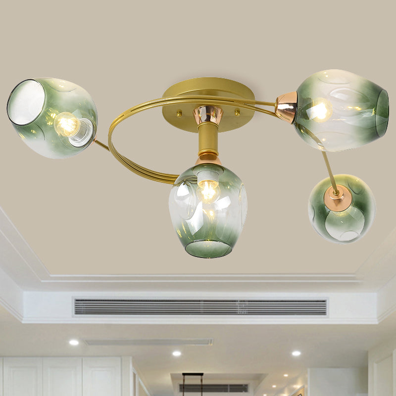 Spiral Semi Flush Mount Light Modern Iron 4 Heads Gold Close to Ceiling Lamp with Bud Gradual Green Dimpled Glass Shade Clearhalo 'Ceiling Lights' 'Close To Ceiling Lights' 'Close to ceiling' 'Flush mount' Lighting' 512792