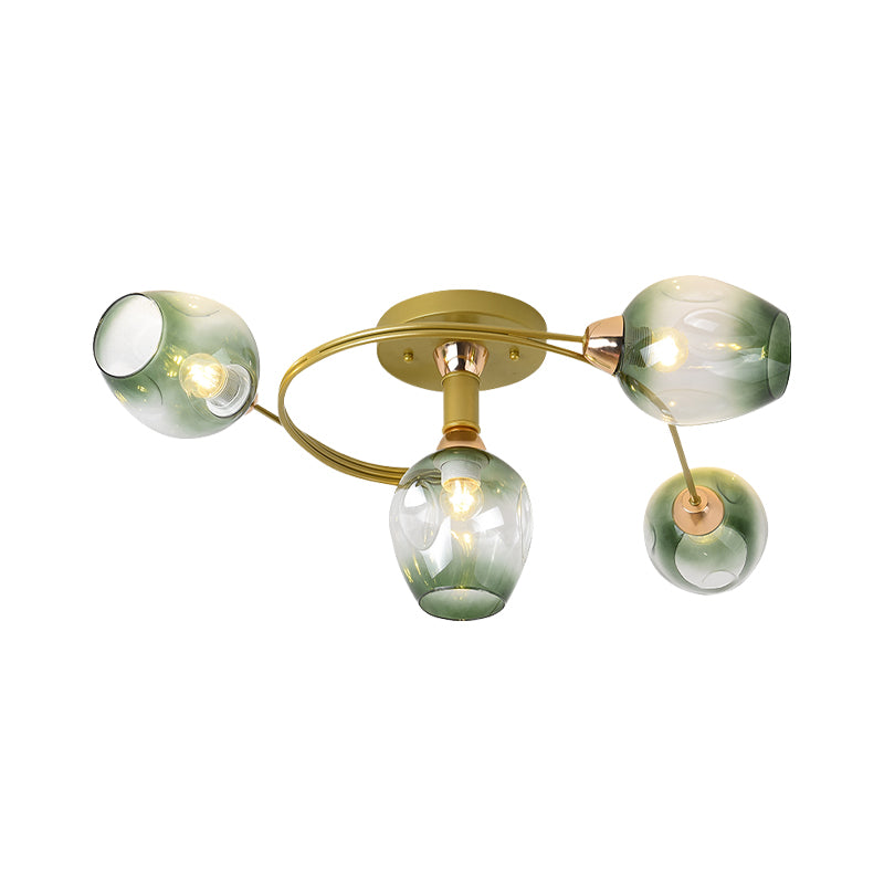 Spiral Semi Flush Mount Light Modern Iron 4 Heads Gold Close to Ceiling Lamp with Bud Gradual Green Dimpled Glass Shade Clearhalo 'Ceiling Lights' 'Close To Ceiling Lights' 'Close to ceiling' 'Flush mount' Lighting' 512793