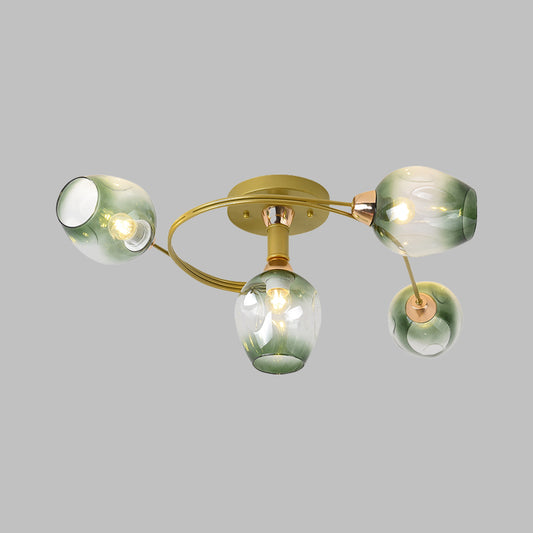 Spiral Semi Flush Mount Light Modern Iron 4 Heads Gold Close to Ceiling Lamp with Bud Gradual Green Dimpled Glass Shade Clearhalo 'Ceiling Lights' 'Close To Ceiling Lights' 'Close to ceiling' 'Flush mount' Lighting' 512794