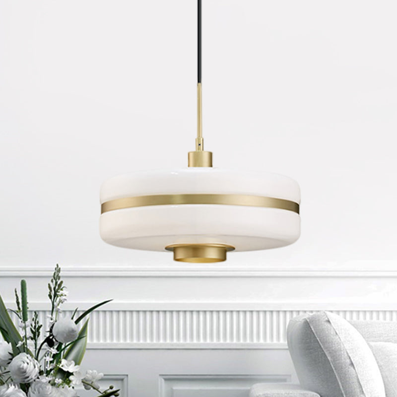 White Glass Drum Pendant Ceiling Light Modern 1 Light Gold Suspension Light for Living Room Gold Clearhalo 'Ceiling Lights' 'Glass shade' 'Glass' 'Modern Pendants' 'Modern' 'Pendant Lights' 'Pendants' Lighting' 512804