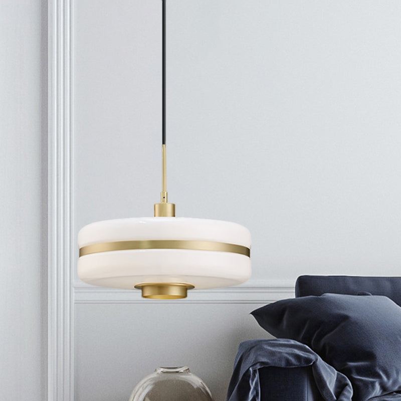 White Glass Drum Pendant Ceiling Light Modern 1 Light Gold Suspension Light for Living Room Clearhalo 'Ceiling Lights' 'Glass shade' 'Glass' 'Modern Pendants' 'Modern' 'Pendant Lights' 'Pendants' Lighting' 512805