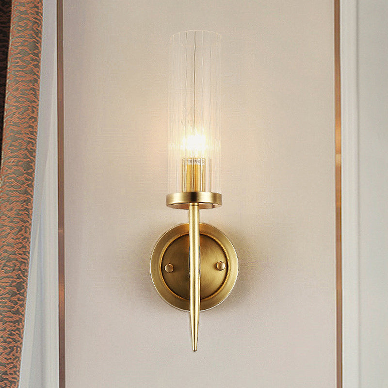 Cylinder Sconce Lighting Post Modern Clear Prismatic Glass 1 Head Corner Wall-Mount Lamp in Gold Clearhalo 'Cast Iron' 'Glass' 'Industrial' 'Modern wall lights' 'Modern' 'Tiffany' 'Traditional wall lights' 'Wall Lamps & Sconces' 'Wall Lights' Lighting' 512825