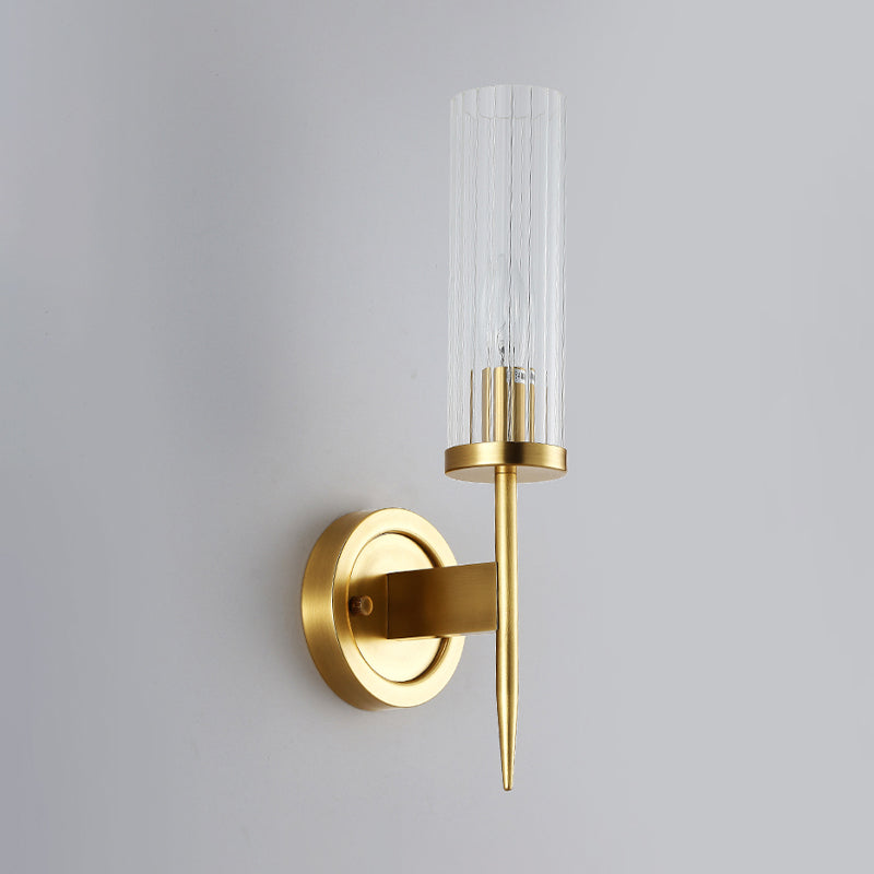 Cylinder Sconce Lighting Post Modern Clear Prismatic Glass 1 Head Corner Wall-Mount Lamp in Gold Clearhalo 'Cast Iron' 'Glass' 'Industrial' 'Modern wall lights' 'Modern' 'Tiffany' 'Traditional wall lights' 'Wall Lamps & Sconces' 'Wall Lights' Lighting' 512827