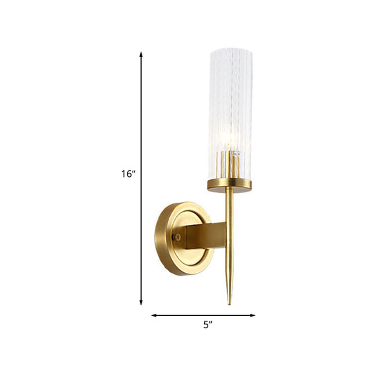 Cylinder Sconce Lighting Post Modern Clear Prismatic Glass 1 Head Corner Wall-Mount Lamp in Gold Clearhalo 'Cast Iron' 'Glass' 'Industrial' 'Modern wall lights' 'Modern' 'Tiffany' 'Traditional wall lights' 'Wall Lamps & Sconces' 'Wall Lights' Lighting' 512828