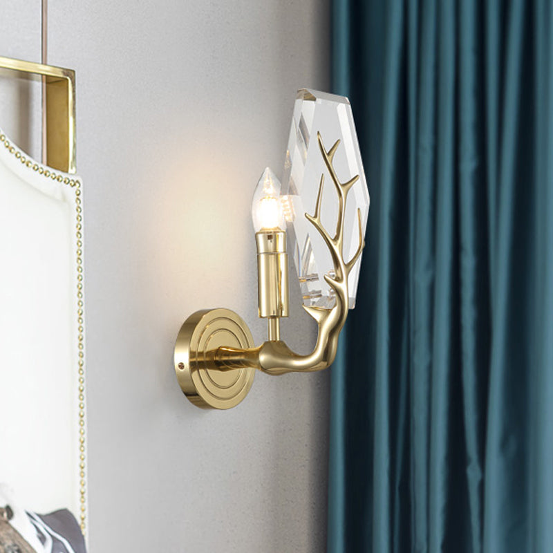 Hexagon Panel Sconce Light Fixture Modernism Crystal 1 Bulb Wall-Mount Lamp in Gold with Antler Deco Clearhalo 'Cast Iron' 'Glass' 'Industrial' 'Modern wall lights' 'Modern' 'Tiffany' 'Traditional wall lights' 'Wall Lamps & Sconces' 'Wall Lights' Lighting' 512851