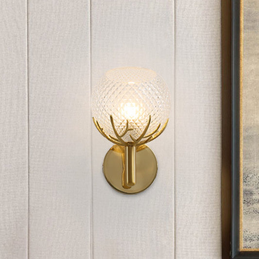 Clear Latticed Glass Global Wall Light Modern 1-Light Gold Wall Mount Sconce with Antler Design Gold Clearhalo 'Cast Iron' 'Glass' 'Industrial' 'Modern wall lights' 'Modern' 'Tiffany' 'Traditional wall lights' 'Wall Lamps & Sconces' 'Wall Lights' Lighting' 512854