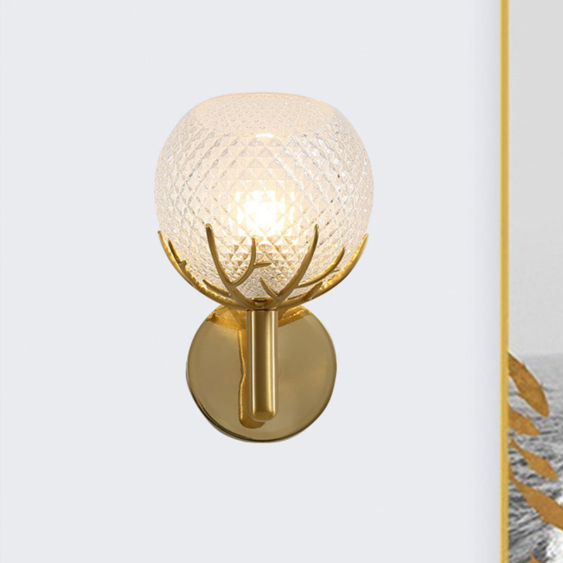 Clear Latticed Glass Global Wall Light Modern 1-Light Gold Wall Mount Sconce with Antler Design Clearhalo 'Cast Iron' 'Glass' 'Industrial' 'Modern wall lights' 'Modern' 'Tiffany' 'Traditional wall lights' 'Wall Lamps & Sconces' 'Wall Lights' Lighting' 512855