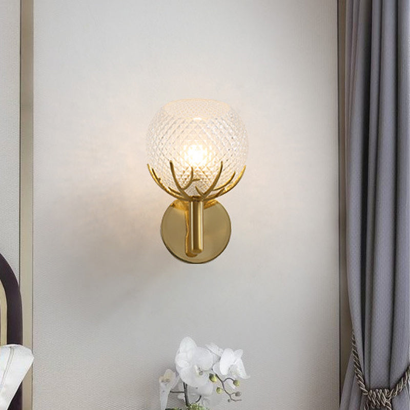 Clear Latticed Glass Global Wall Light Modern 1-Light Gold Wall Mount Sconce with Antler Design Clearhalo 'Cast Iron' 'Glass' 'Industrial' 'Modern wall lights' 'Modern' 'Tiffany' 'Traditional wall lights' 'Wall Lamps & Sconces' 'Wall Lights' Lighting' 512856