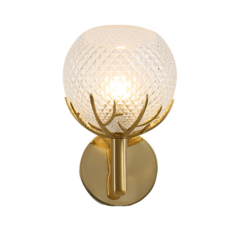 Clear Latticed Glass Global Wall Light Modern 1-Light Gold Wall Mount Sconce with Antler Design Clearhalo 'Cast Iron' 'Glass' 'Industrial' 'Modern wall lights' 'Modern' 'Tiffany' 'Traditional wall lights' 'Wall Lamps & Sconces' 'Wall Lights' Lighting' 512857