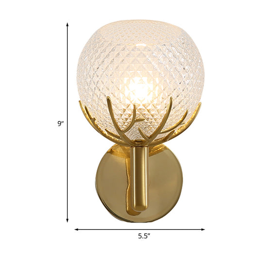 Clear Latticed Glass Global Wall Light Modern 1-Light Gold Wall Mount Sconce with Antler Design Clearhalo 'Cast Iron' 'Glass' 'Industrial' 'Modern wall lights' 'Modern' 'Tiffany' 'Traditional wall lights' 'Wall Lamps & Sconces' 'Wall Lights' Lighting' 512858