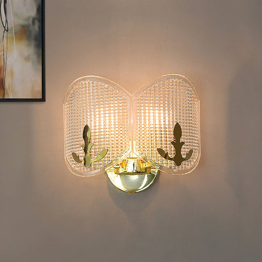 Gold Arc Oval Sconce Light Fixture Contemporary 2 Heads Clear Latticed Glass Wall Mounted Lamp Gold Clearhalo 'Cast Iron' 'Glass' 'Industrial' 'Modern wall lights' 'Modern' 'Tiffany' 'Traditional wall lights' 'Wall Lamps & Sconces' 'Wall Lights' Lighting' 512872