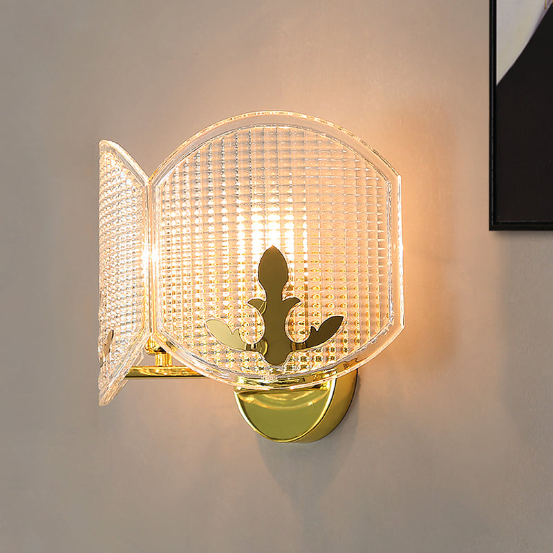 Gold Arc Oval Sconce Light Fixture Contemporary 2 Heads Clear Latticed Glass Wall Mounted Lamp Clearhalo 'Cast Iron' 'Glass' 'Industrial' 'Modern wall lights' 'Modern' 'Tiffany' 'Traditional wall lights' 'Wall Lamps & Sconces' 'Wall Lights' Lighting' 512873