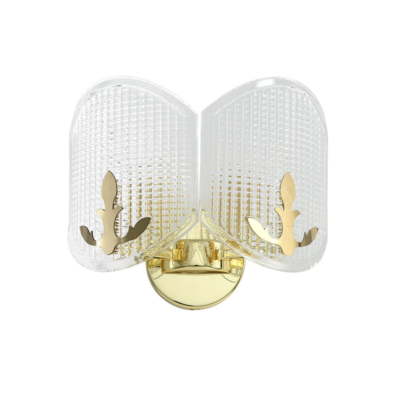 Gold Arc Oval Sconce Light Fixture Contemporary 2 Heads Clear Latticed Glass Wall Mounted Lamp Clearhalo 'Cast Iron' 'Glass' 'Industrial' 'Modern wall lights' 'Modern' 'Tiffany' 'Traditional wall lights' 'Wall Lamps & Sconces' 'Wall Lights' Lighting' 512874