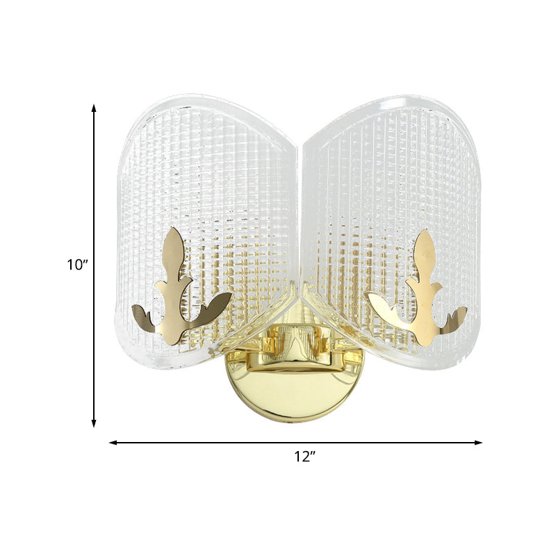 Gold Arc Oval Sconce Light Fixture Contemporary 2 Heads Clear Latticed Glass Wall Mounted Lamp Clearhalo 'Cast Iron' 'Glass' 'Industrial' 'Modern wall lights' 'Modern' 'Tiffany' 'Traditional wall lights' 'Wall Lamps & Sconces' 'Wall Lights' Lighting' 512876