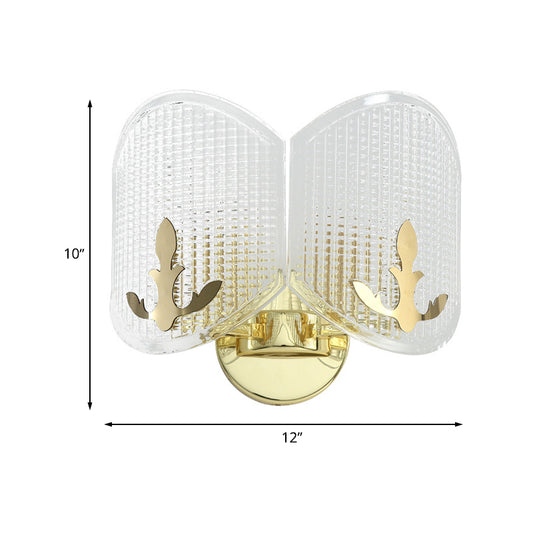 Gold Arc Oval Sconce Light Fixture Contemporary 2 Heads Clear Latticed Glass Wall Mounted Lamp Clearhalo 'Cast Iron' 'Glass' 'Industrial' 'Modern wall lights' 'Modern' 'Tiffany' 'Traditional wall lights' 'Wall Lamps & Sconces' 'Wall Lights' Lighting' 512876