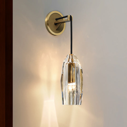 Hand-Cut Crystal Sconce Lighting Post Modern 1-Light Gold Wall Mount Lamp Fixture with Pendant Cord Gold Clearhalo 'Cast Iron' 'Glass' 'Industrial' 'Modern wall lights' 'Modern' 'Tiffany' 'Traditional wall lights' 'Wall Lamps & Sconces' 'Wall Lights' Lighting' 512888